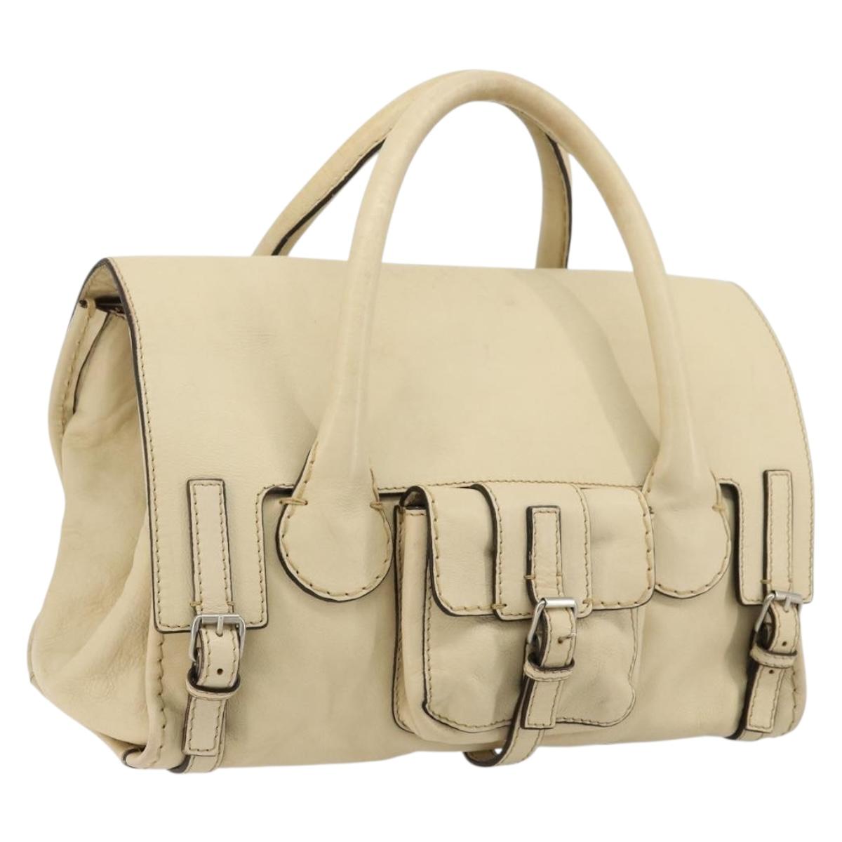 Chloe Edith Boston Bag Leather Beige Silver Auth bs30503