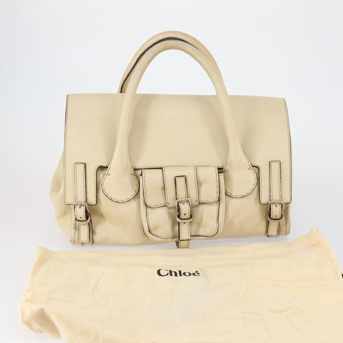 Chloe Edith Boston Bag Leather Beige Silver Auth bs30503