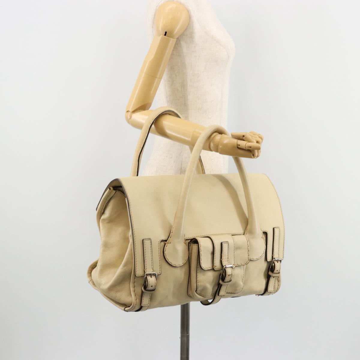 Chloe Edith Boston Bag Leather Beige Silver Auth bs30503