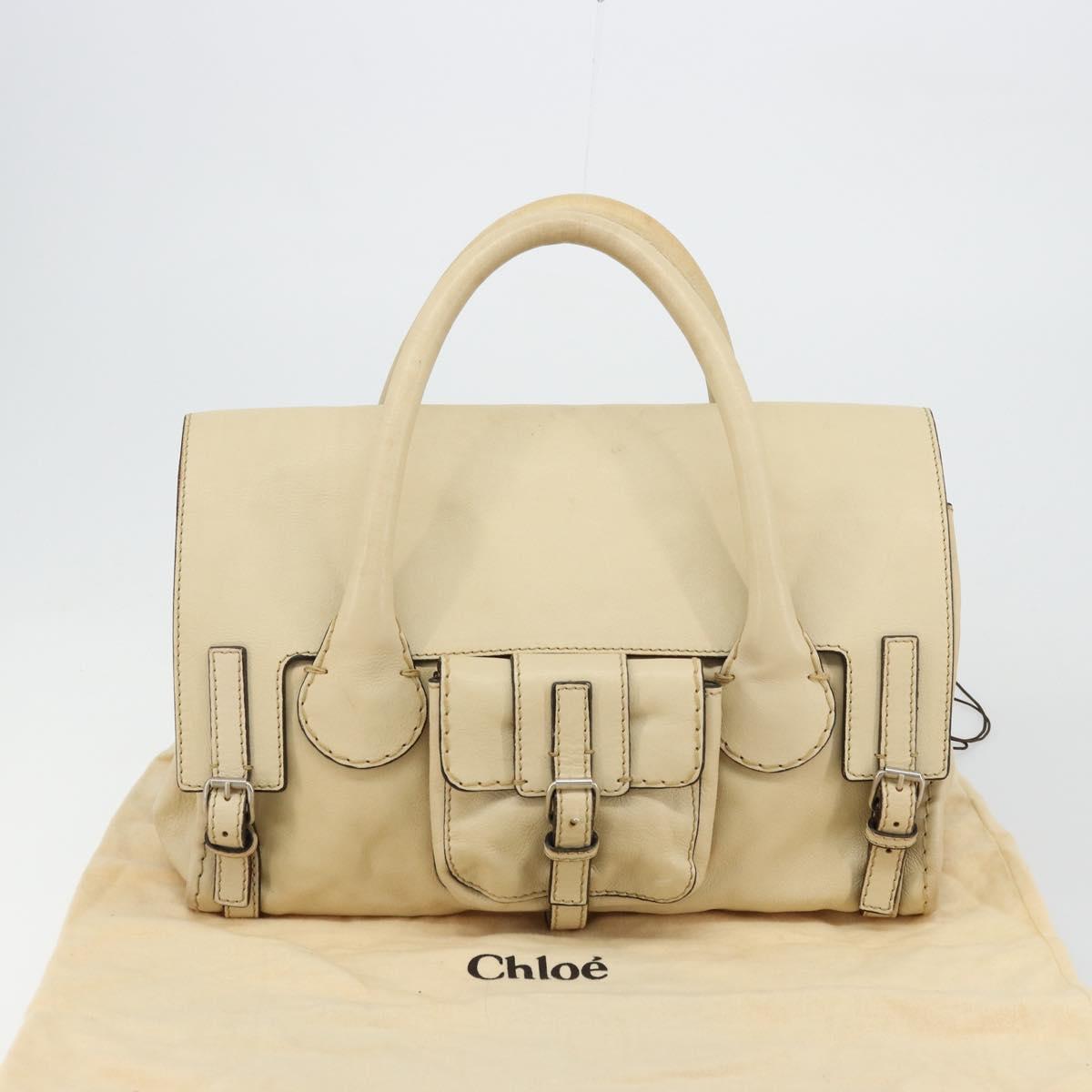 Chloe Edith Boston Bag Leather Beige Silver Auth bs30503
