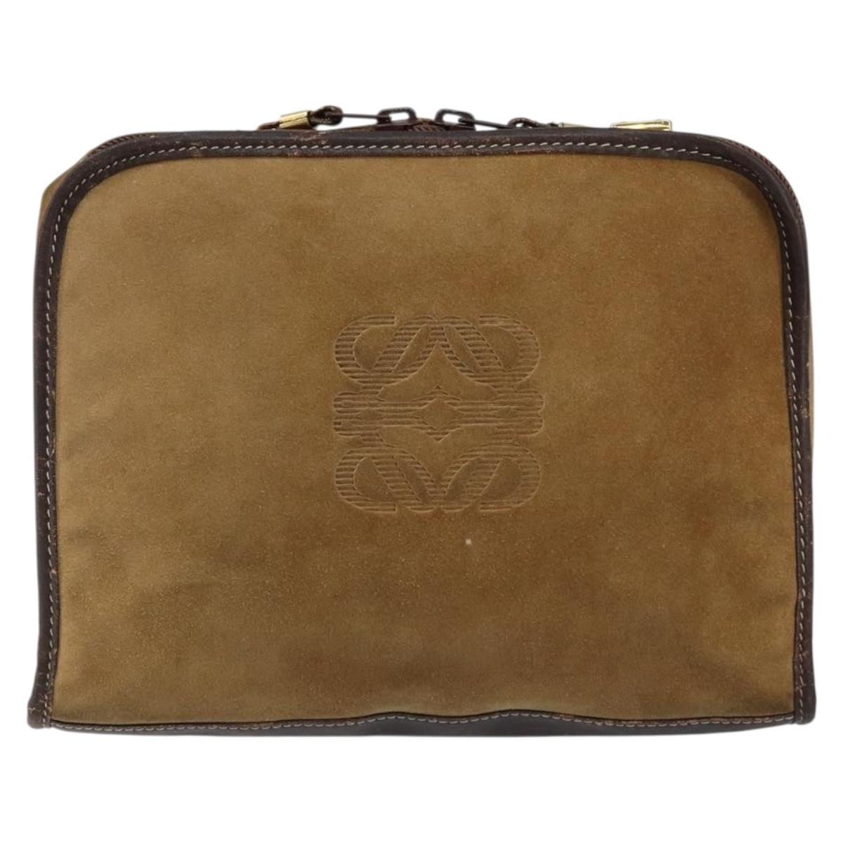 LOEWE Anagram Clutch Bag Leather Suede Brown Gold Auth bs30507