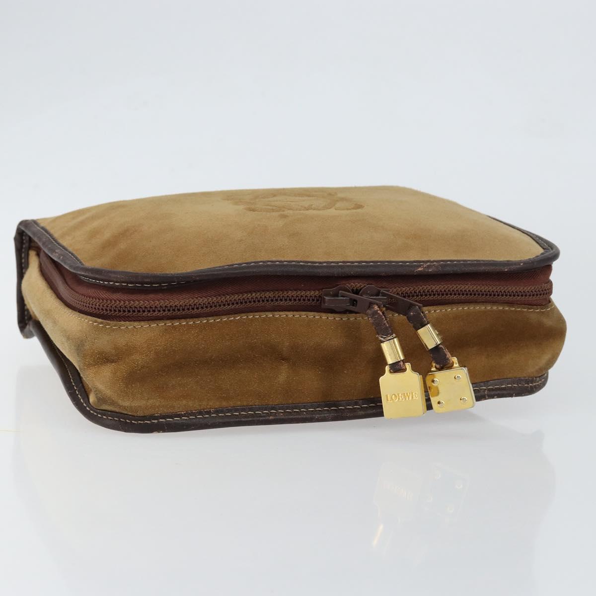 LOEWE Anagram Clutch Bag Leather Suede Brown Gold Auth bs30507