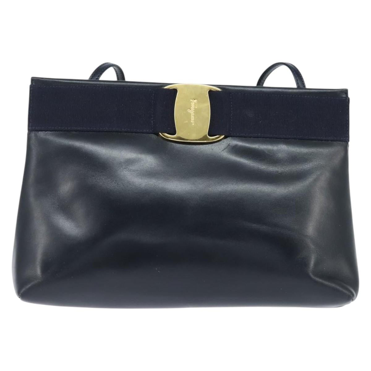 Salvatore Ferragamo Vala Shoulder Bag Leather Navy Gold Auth bs30511