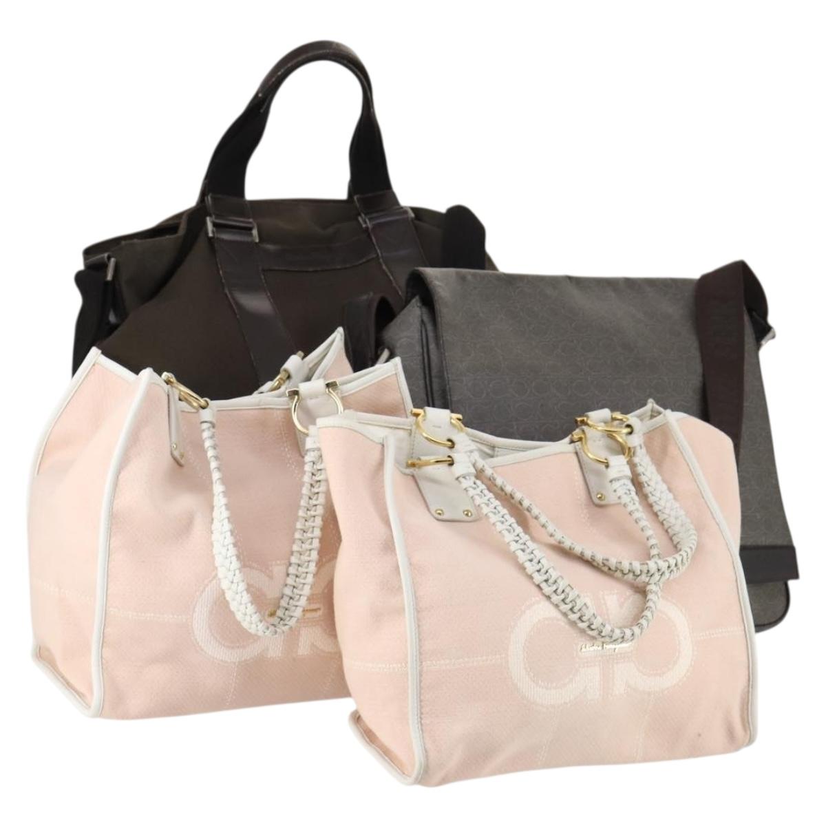 Salvatore Ferragamo Shoulder Bag Canvas 4 Set Pink Khaki white Auth bs30525