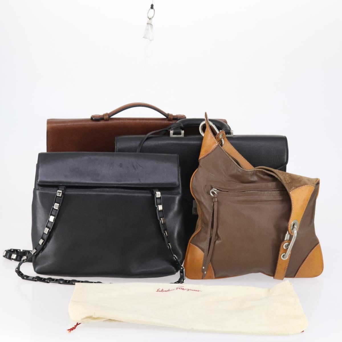 Salvatore Ferragamo Burberry Shoulder Bag Leather 4 Set Black Brown Auth bs30527