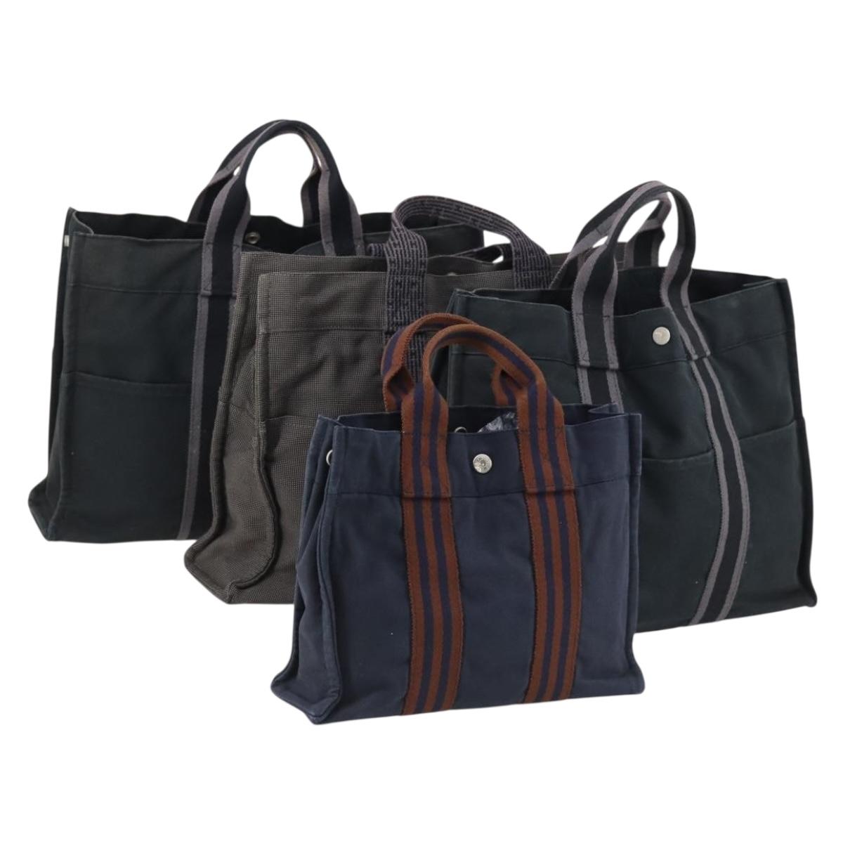 HERMES Tote Bag Canvas 4 Set Black Navy khaki Auth bs30530
