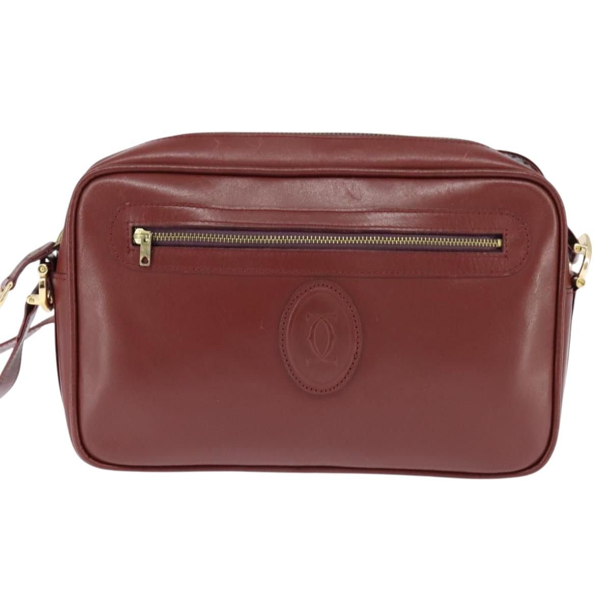 CARTIER Must Line Shoulder Bag Leather Bordeaux Gold Auth bs30552