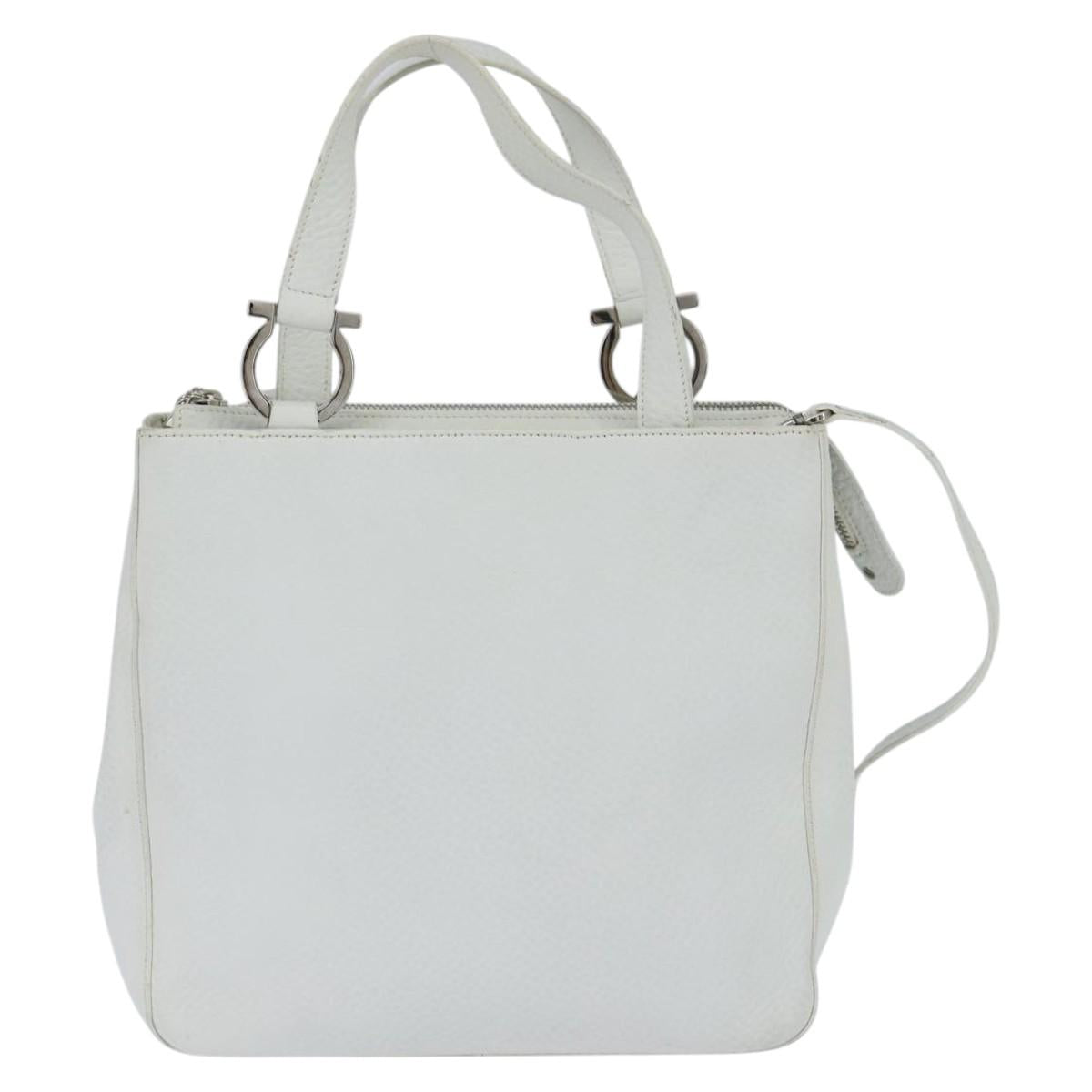 Salvatore Ferragamo Gancini Hand Bag Leather 2way White Silver Auth bs30581