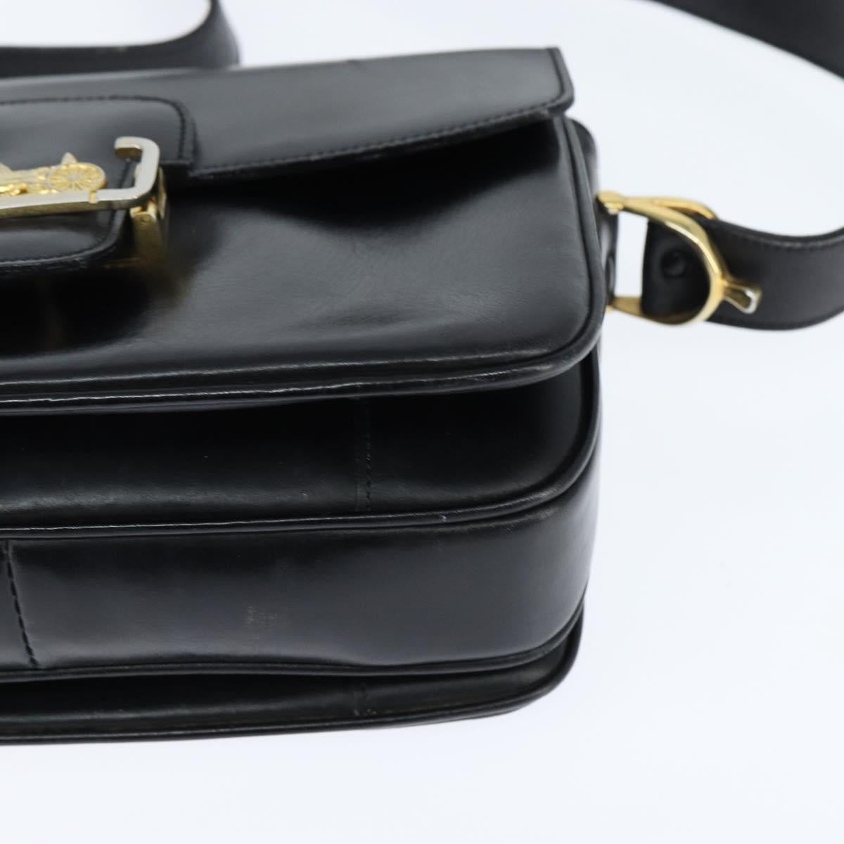 CELINE Horse Carriage Shoulder Bag Leather Black Gold Auth bs30594