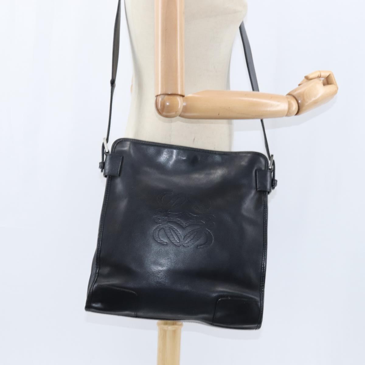 LOEWE Anagram Shoulder Bag Leather Black Silver Auth bs30598