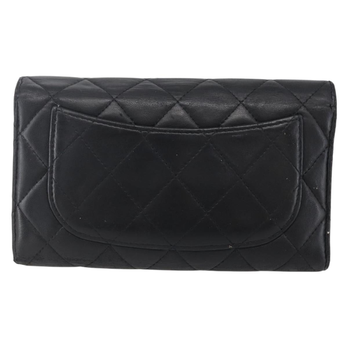 CHANEL Matelasse Long Wallet Lamb Skin Black Silver CC Auth bs30604