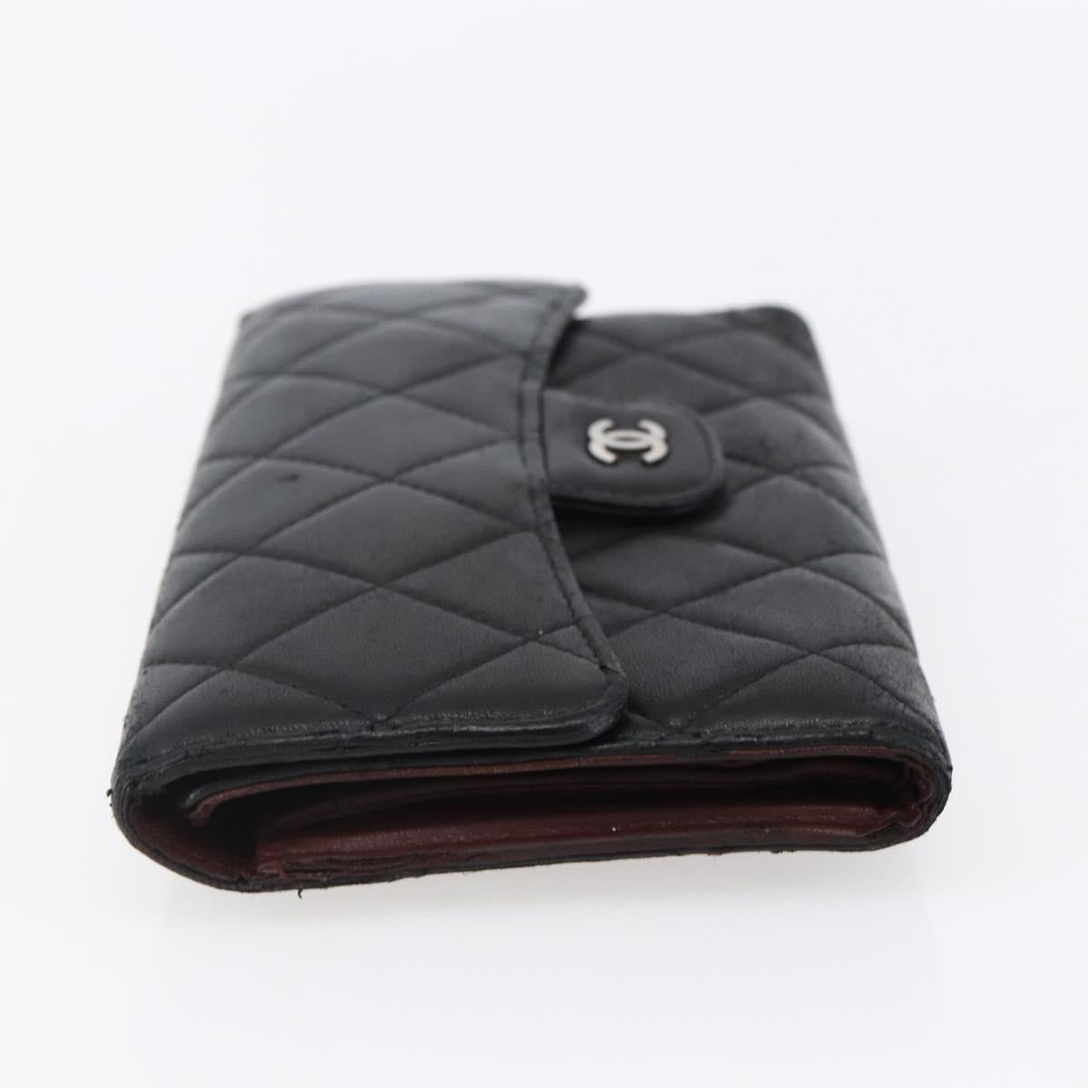 CHANEL Matelasse Long Wallet Lamb Skin Black Silver CC Auth bs30604