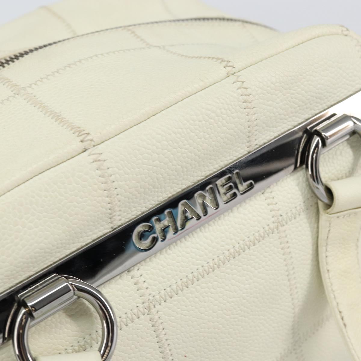 CHANEL Choco Bar Shoulder Bag Caviar Skin White Silver CC Auth bs30605