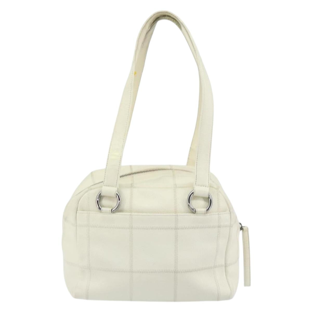 CHANEL Choco Bar Shoulder Bag Caviar Skin White Silver CC Auth bs30605