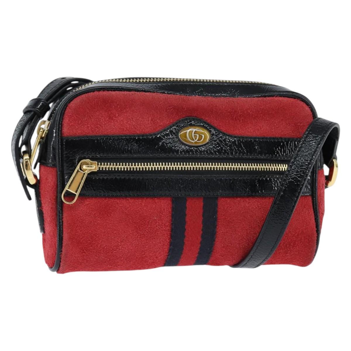 GUCCI Sherry Line Shoulder Bag Suede Patent Red Gold black 527350 Auth bs30609