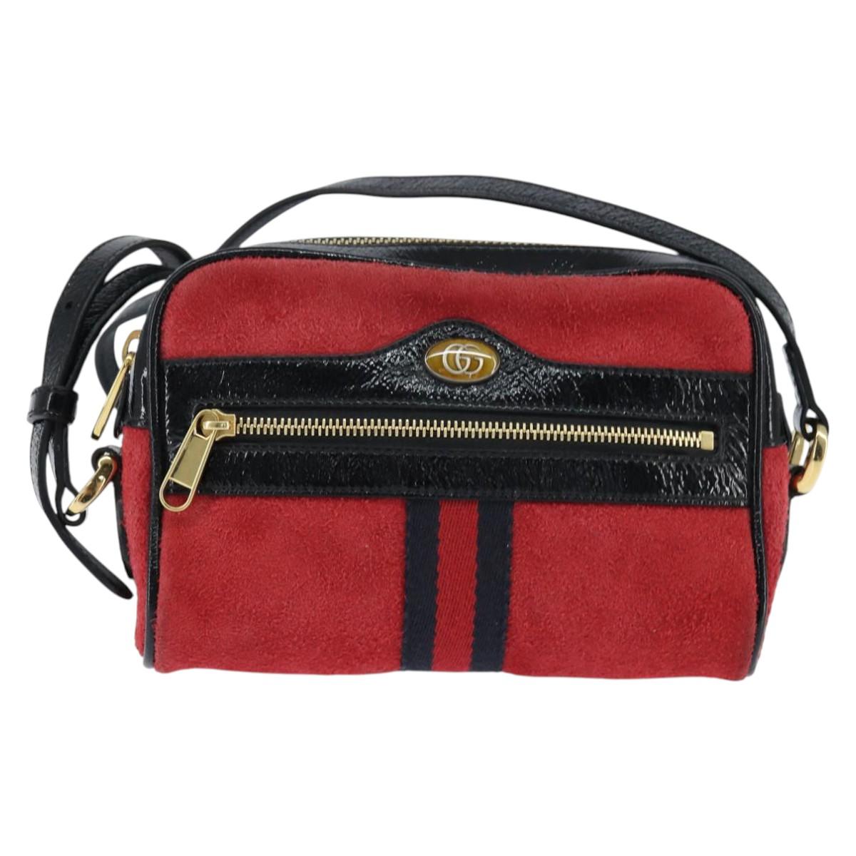 GUCCI Sherry Line Shoulder Bag Suede Patent Red Gold black 527350 Auth bs30609