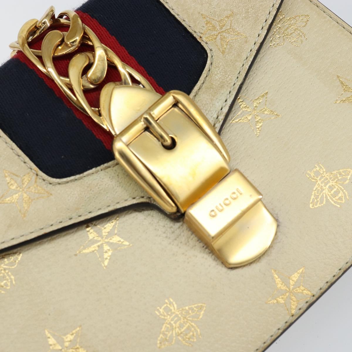 GUCCI Sherry Line Hand Bag Leather White Gold Navy 470270 Auth bs30628