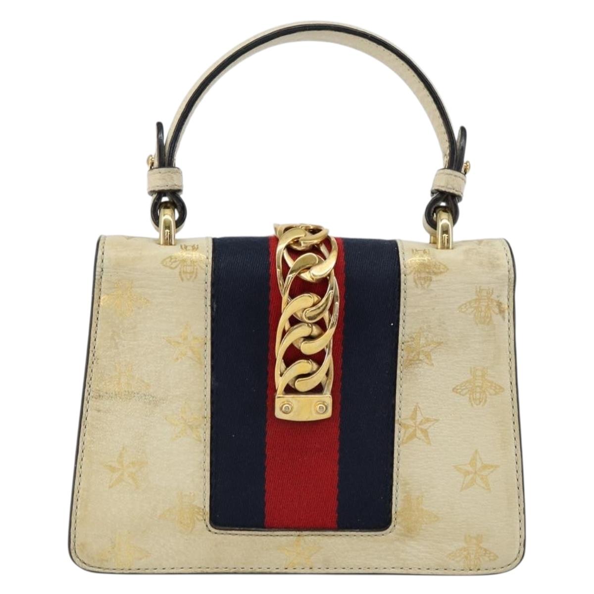 GUCCI Sherry Line Hand Bag Leather White Gold Navy 470270 Auth bs30628