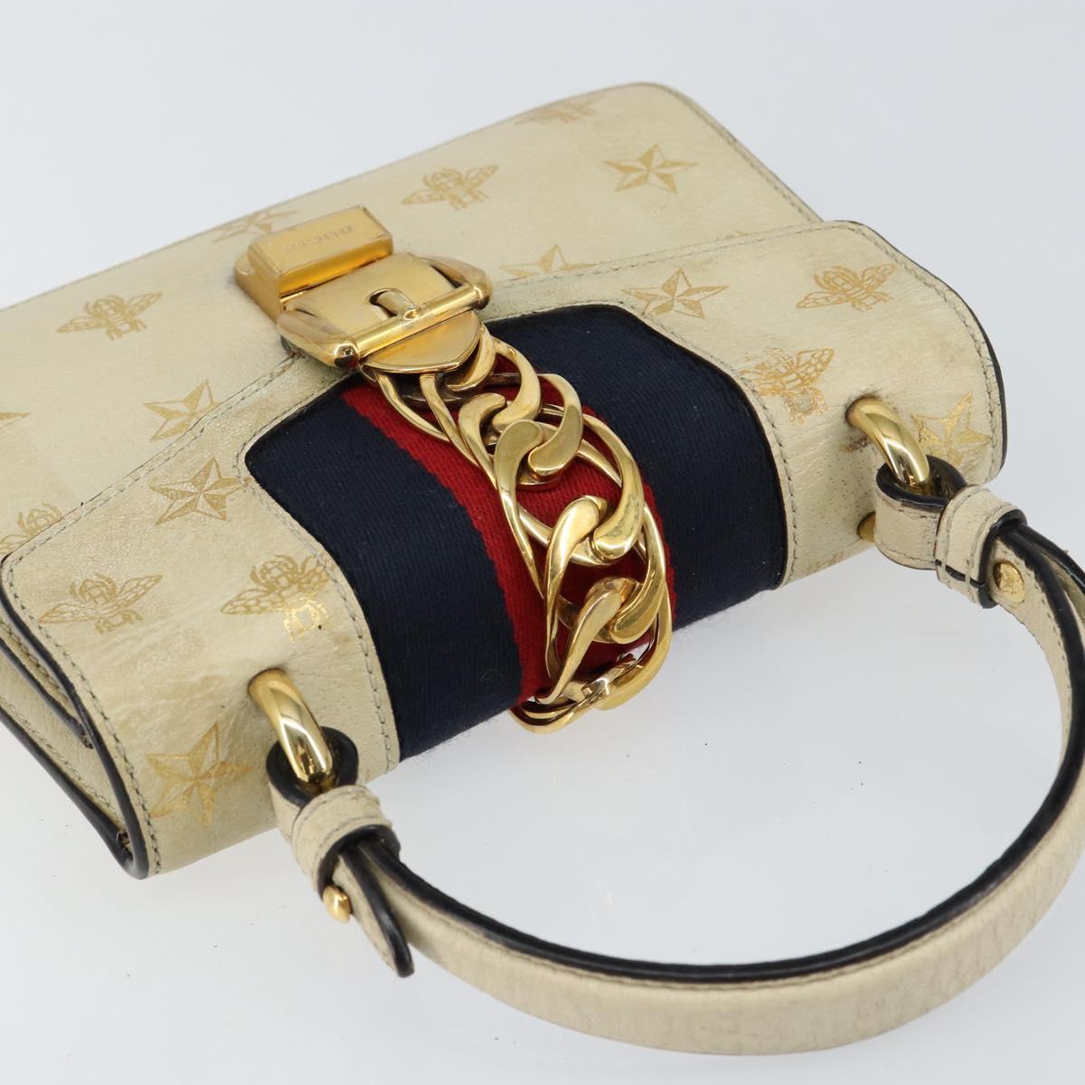 GUCCI Sherry Line Hand Bag Leather White Gold Navy 470270 Auth bs30628