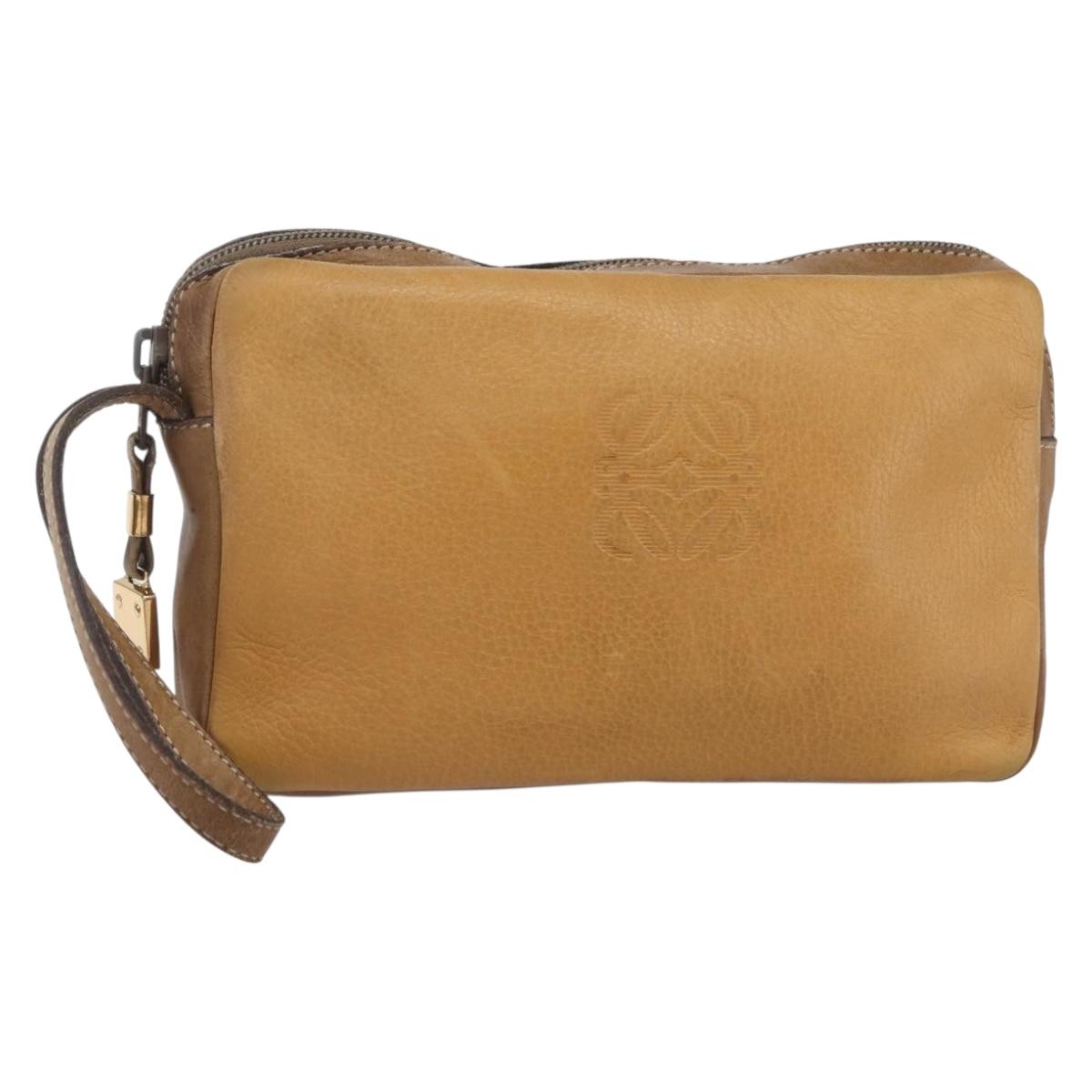 LOEWE Anagram Clutch Bag Leather Beige Auth bs30633