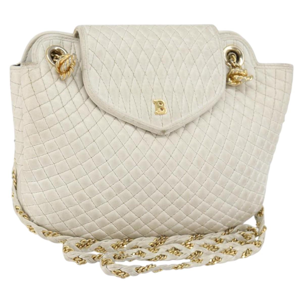 BALLY Chain Shoulder Bag Leather White Gold Auth bs30645