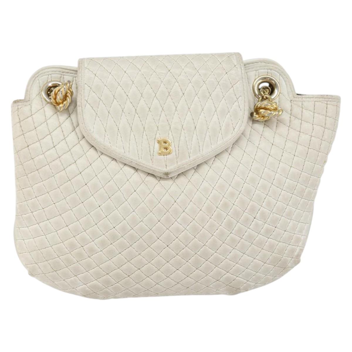BALLY Chain Shoulder Bag Leather White Gold Auth bs30645
