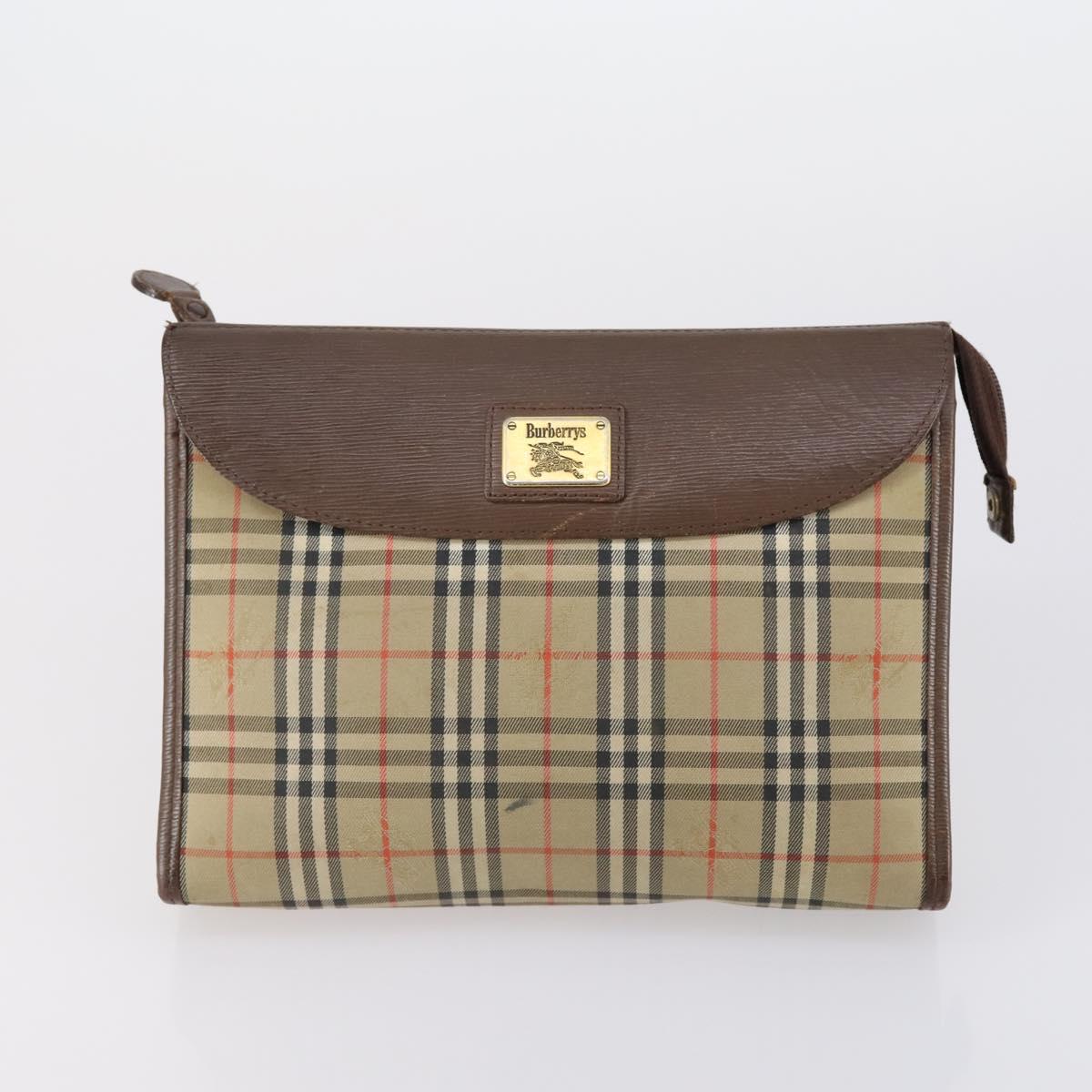 Burberrys Nova Check Clutch Bag Canvas Leather 5 Set Beige Black Auth bs30660