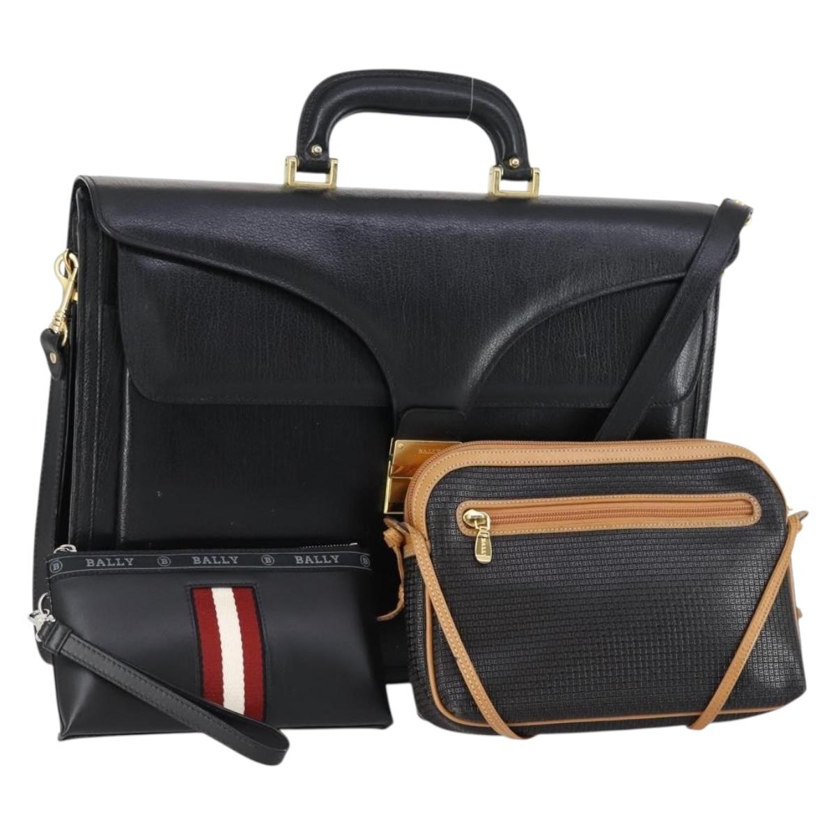 BALLY Hand Bag Leather 3 Set Black Auth bs30665