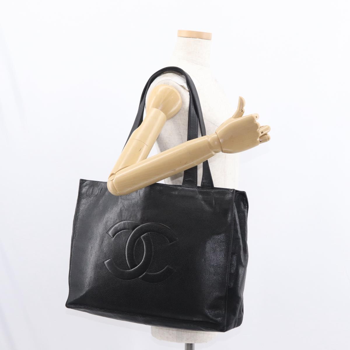 CHANEL COCO Mark Tote Bag Caviar Skin Black Gold CC Auth bs30707