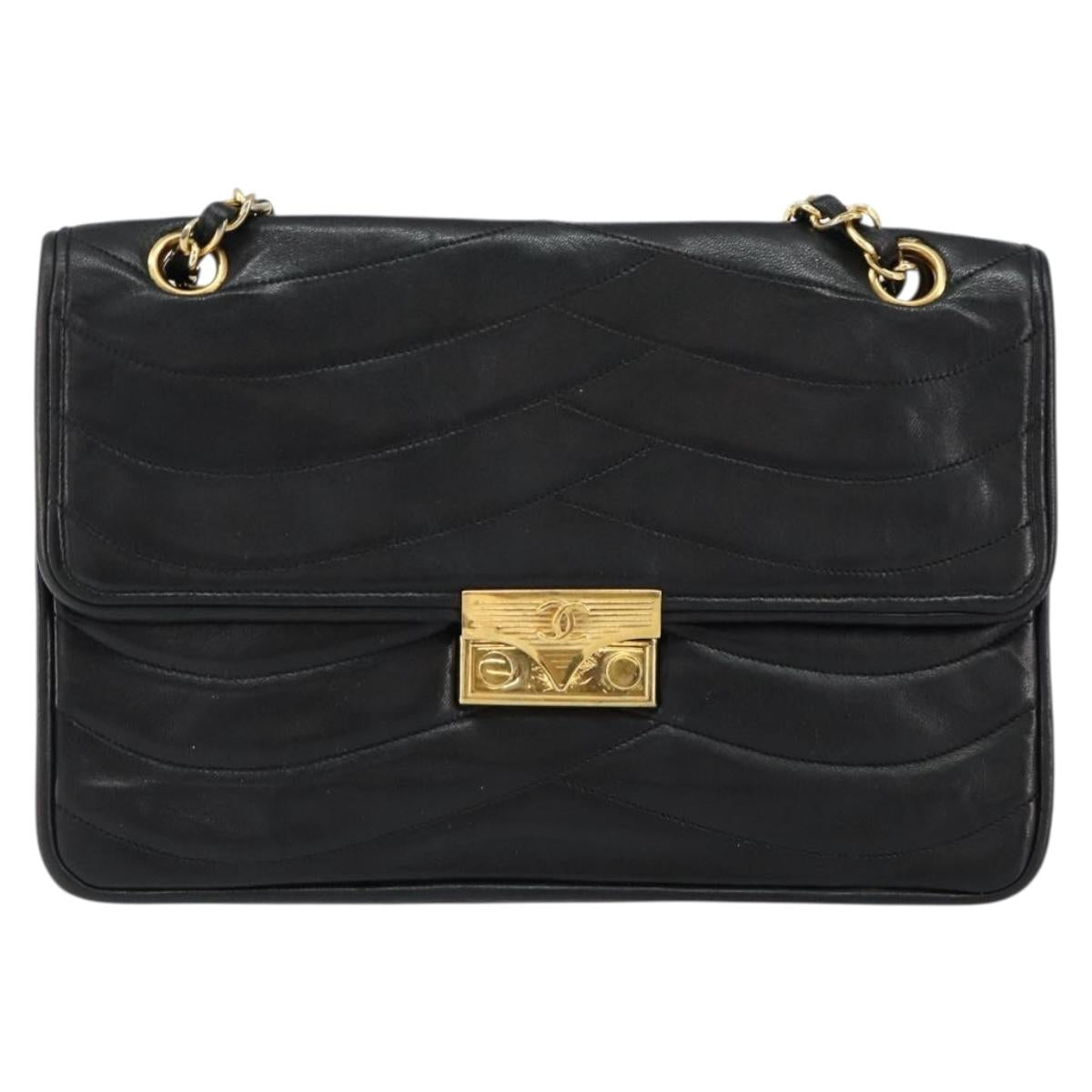 CHANEL Chain Shoulder Bag Lamb Skin Black Gold CC Auth bs30716