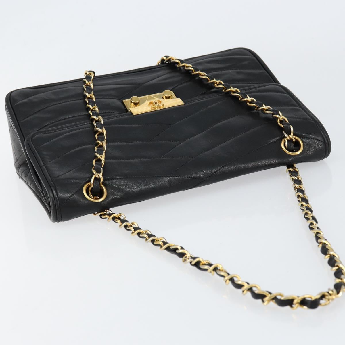 CHANEL Chain Shoulder Bag Lamb Skin Black Gold CC Auth bs30716