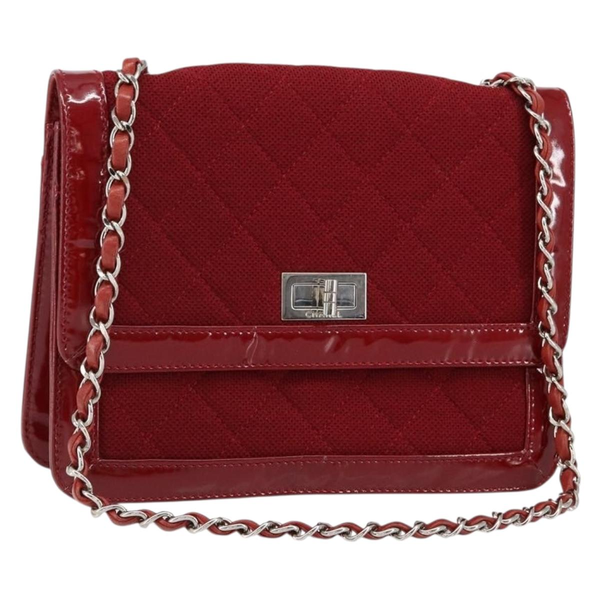 CHANEL 2.55 Matelasse Chain Shoulder Bag Enamel Red Silver CC Auth bs30717