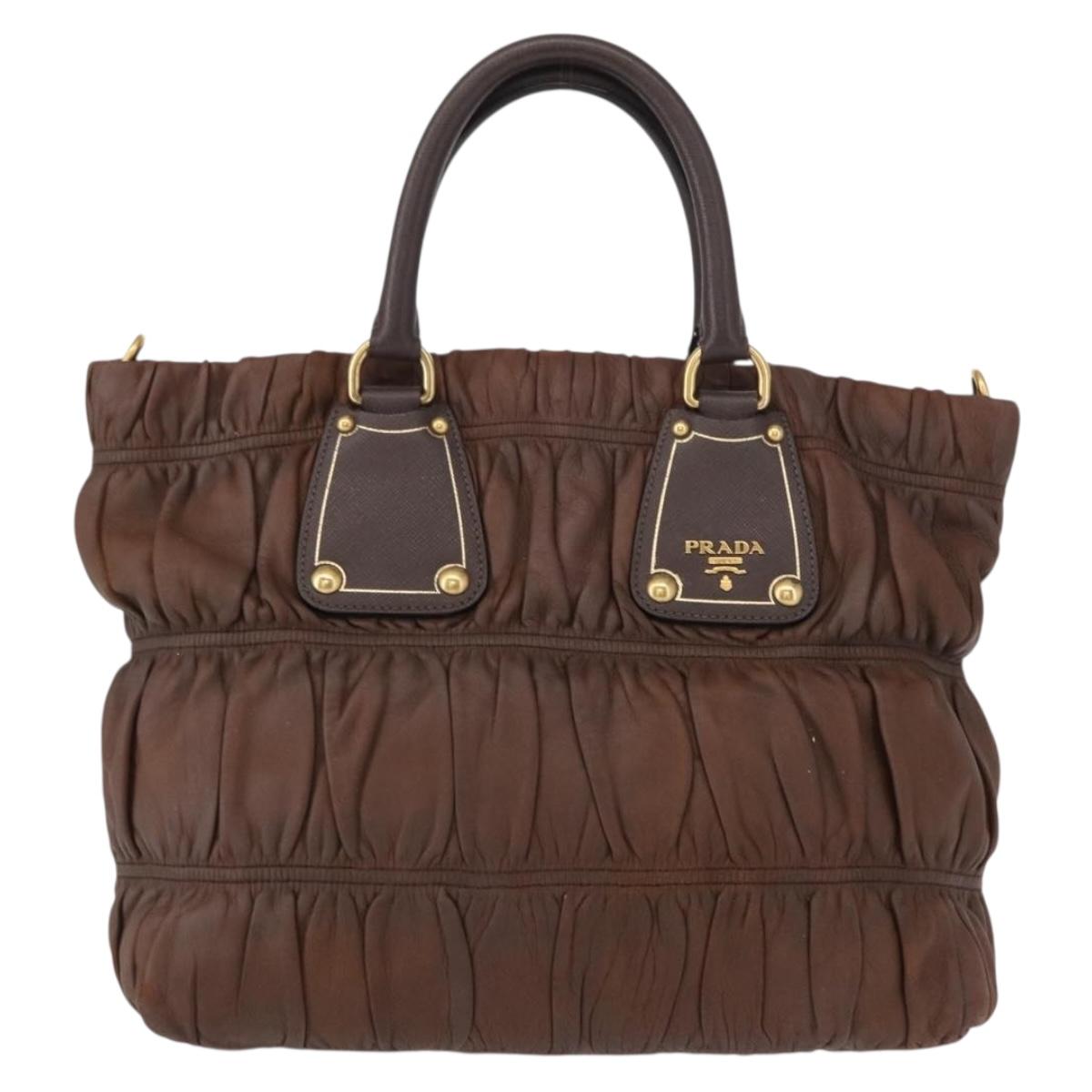 PRADA Gathered Hand Bag Leather Brown Gold Auth bs30722