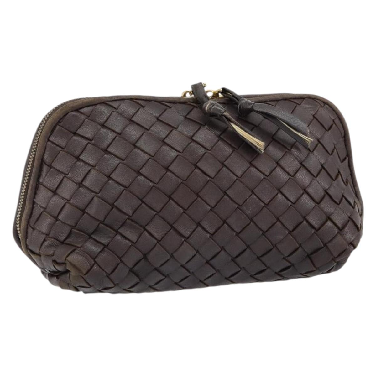 BOTTEGA VENETA INTRECCIATO Pouch Leather Brown Gold Auth bs30733