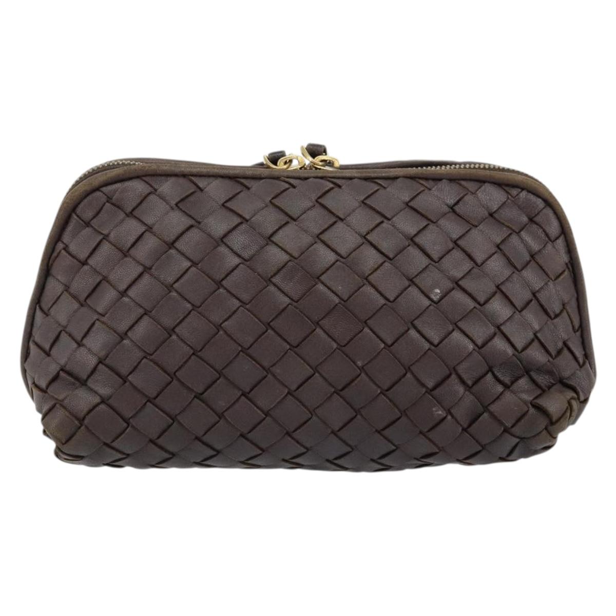 BOTTEGA VENETA INTRECCIATO Pouch Leather Brown Gold Auth bs30733