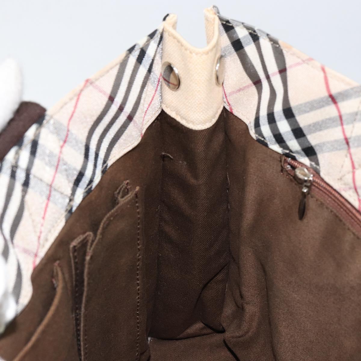 BURBERRY Nova Check Blue Label Tote Bag Nylon Beige Silver Auth bs30763