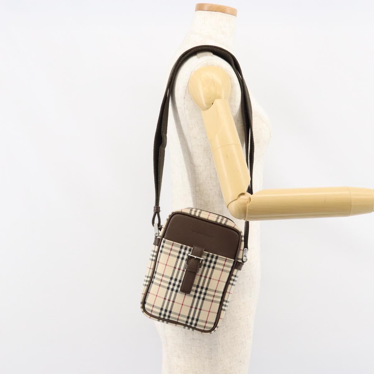BURBERRY Nova Check Shoulder Bag Canvas Leather Beige Silver Auth bs30765