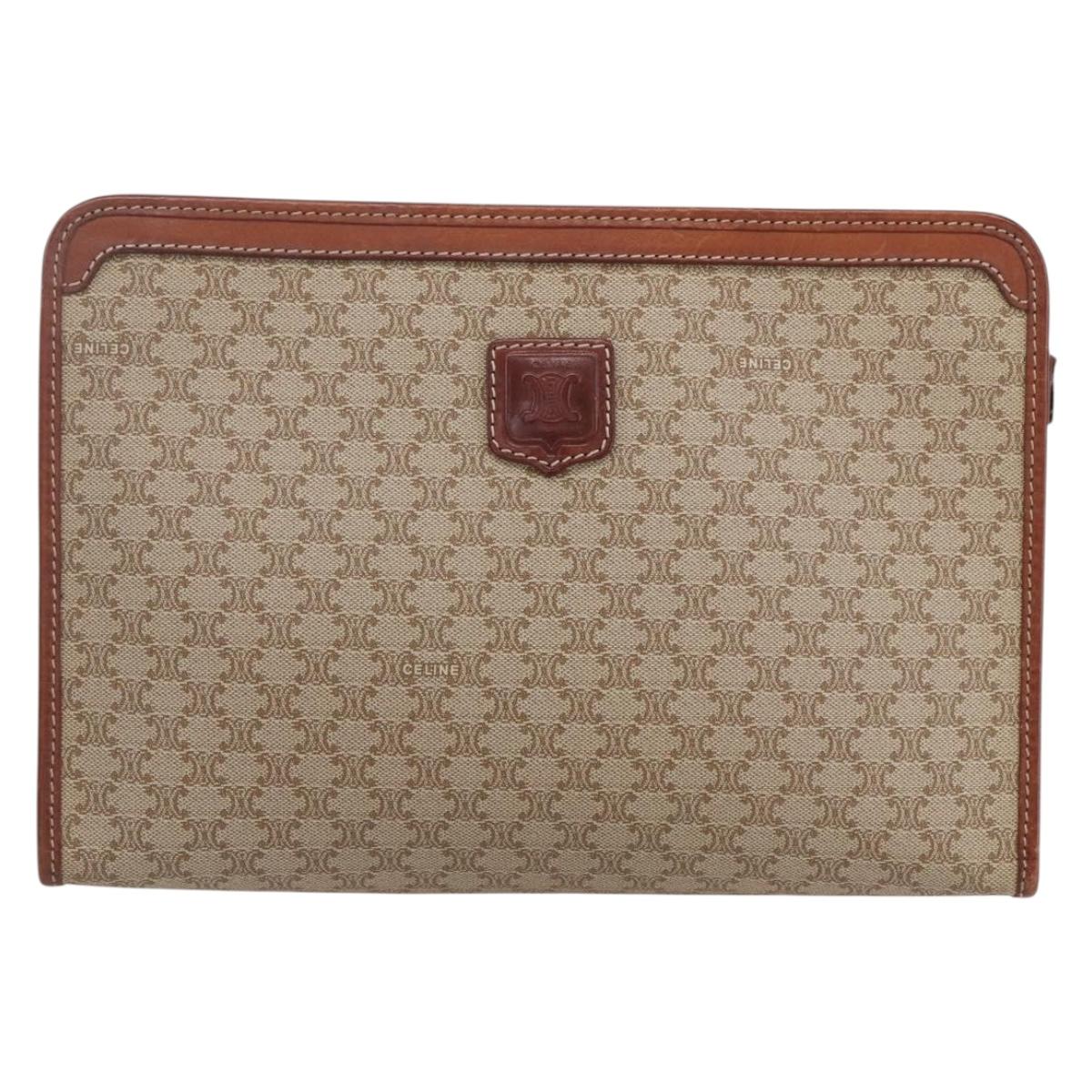 CELINE Macadam Canvas Clutch Bag PVC Beige Gold Auth bs30773