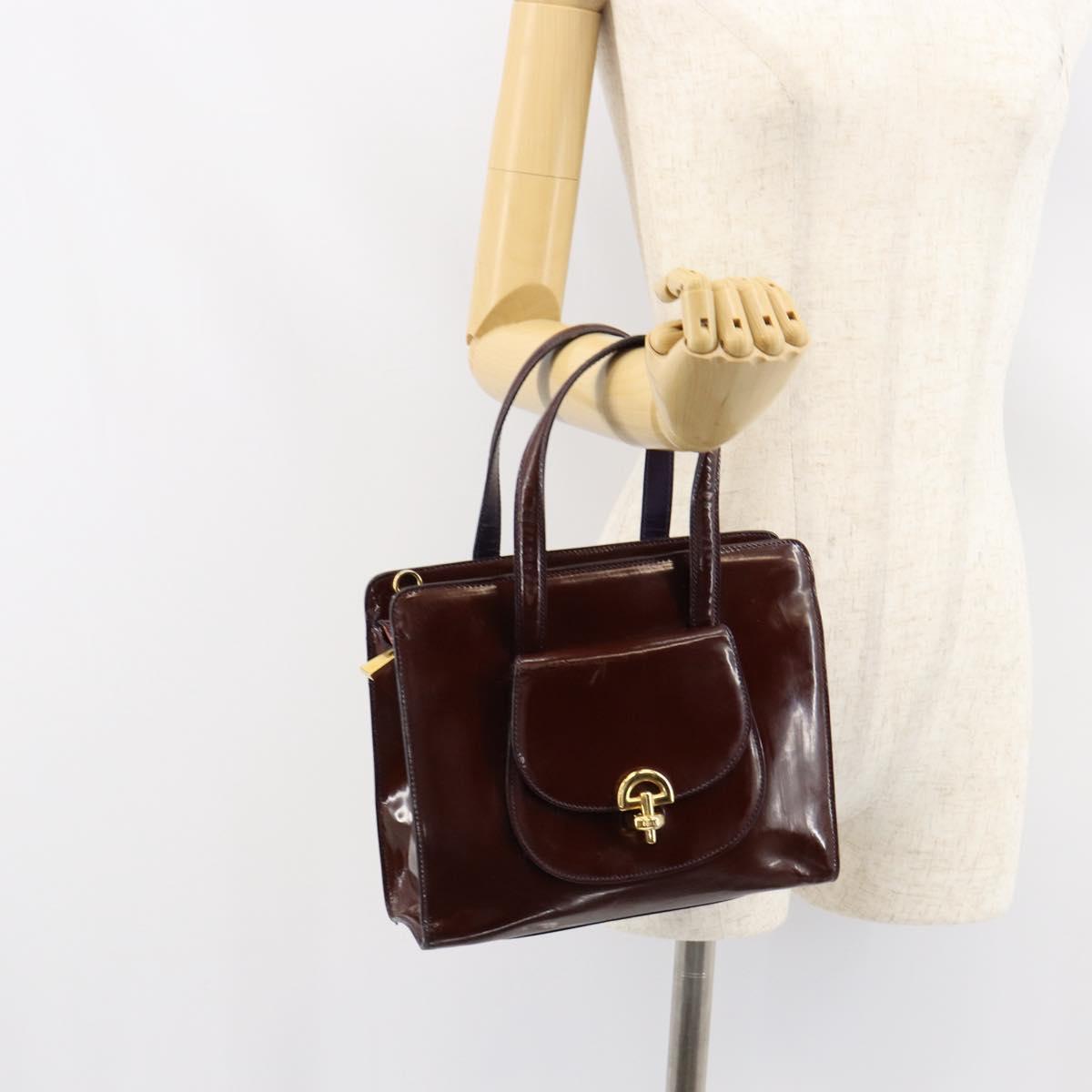 CELINE Macadam Canvas Hand Bag Enamel Brown Gold Auth bs30779