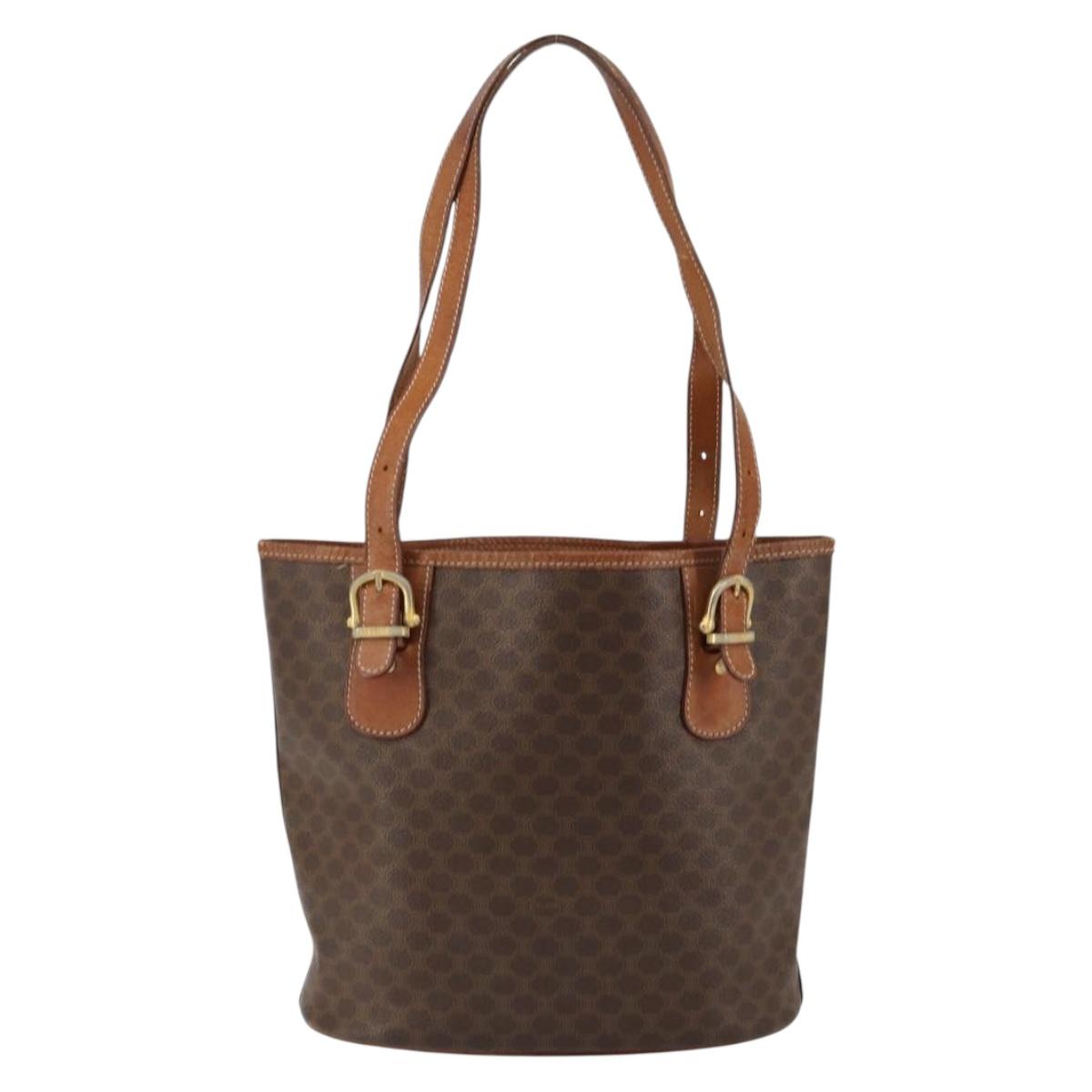 CELINE Macadam Canvas Tote Bag PVC Leather Brown Gold Auth bs30784