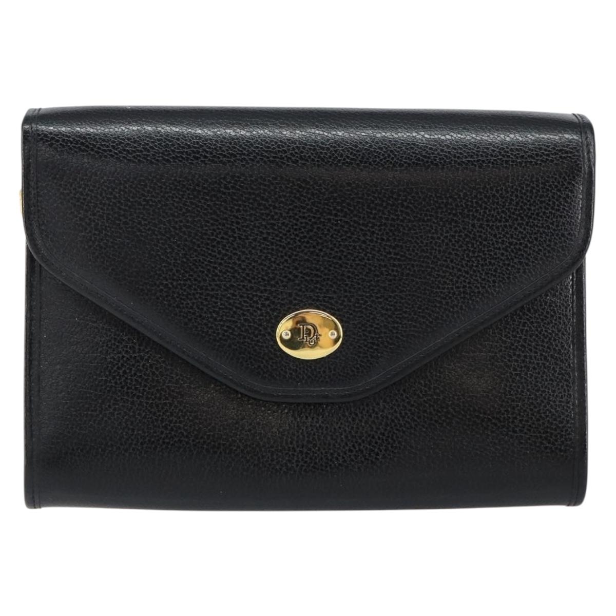 Christian Dior Chain Shoulder Bag Leather Black Gold Auth bs30789