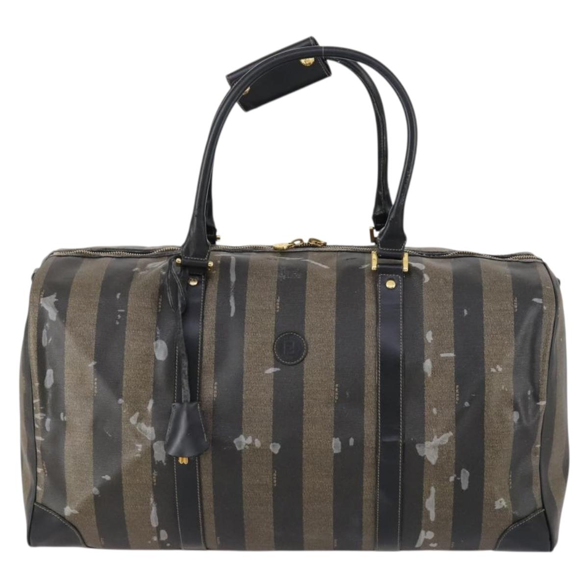 FENDI Pecan Canvas Boston Bag PVC Black Brown gold Auth bs30798