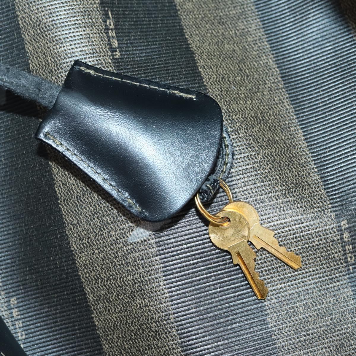 FENDI Pecan Canvas Boston Bag PVC Black Brown gold Auth bs30798