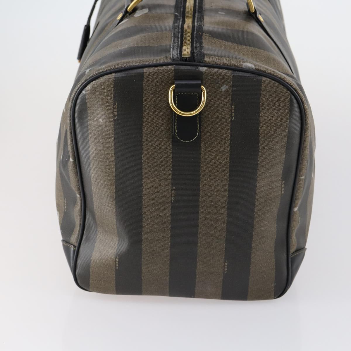 FENDI Pecan Canvas Boston Bag PVC Black Brown gold Auth bs30798