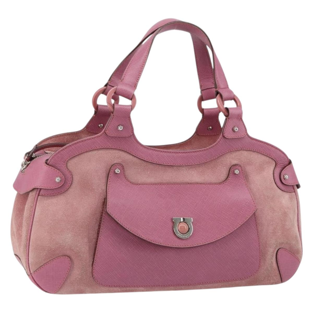Salvatore Ferragamo Gancini Hand Bag Suede Leather Pink Silver Auth bs30801