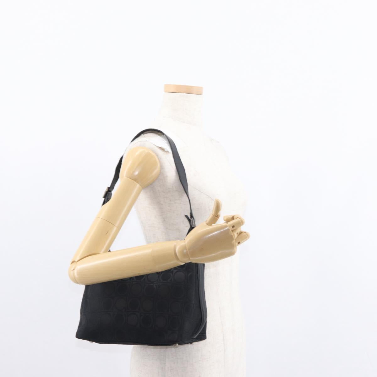 Salvatore Ferragamo Gancini Shoulder Bag Leather Nylon Black Silver Auth bs30802