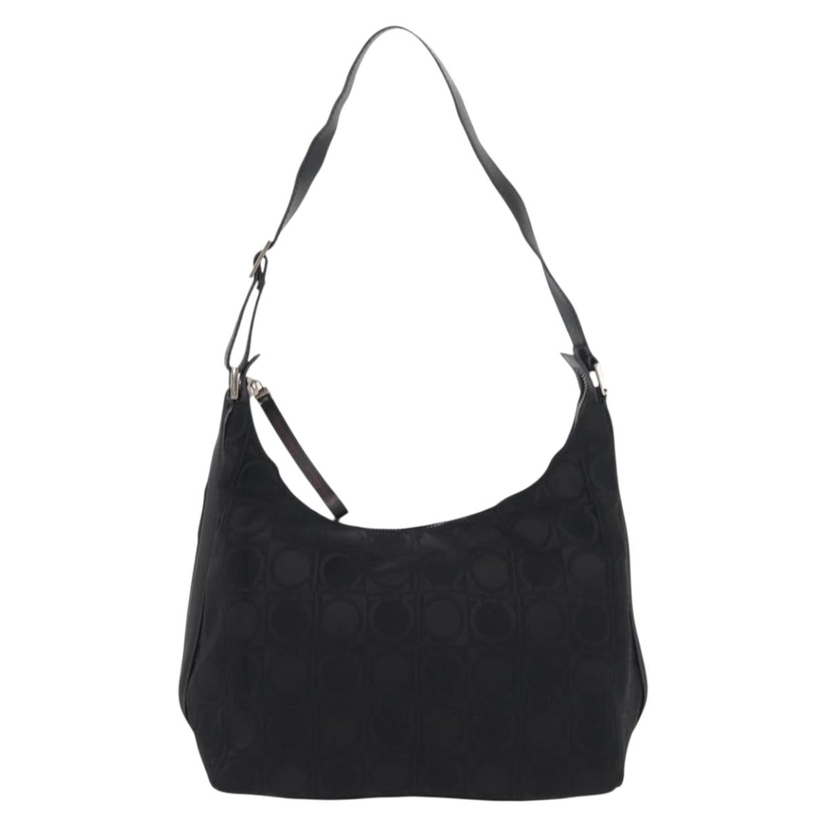 Salvatore Ferragamo Gancini Shoulder Bag Leather Nylon Black Silver Auth bs30802