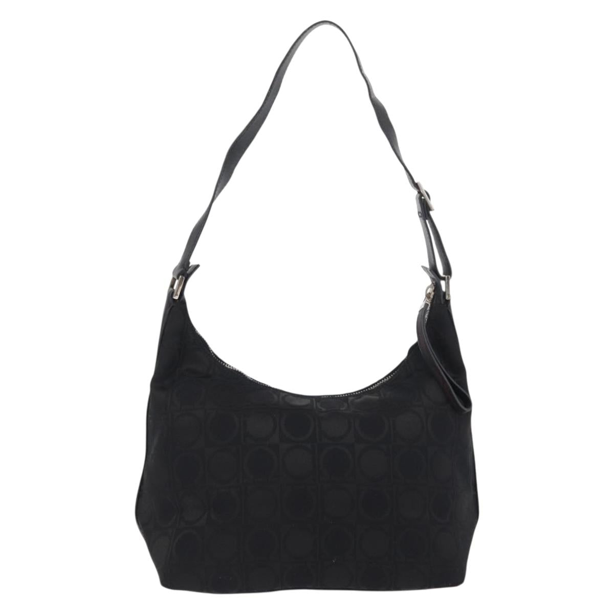 Salvatore Ferragamo Gancini Shoulder Bag Leather Nylon Black Silver Auth bs30802