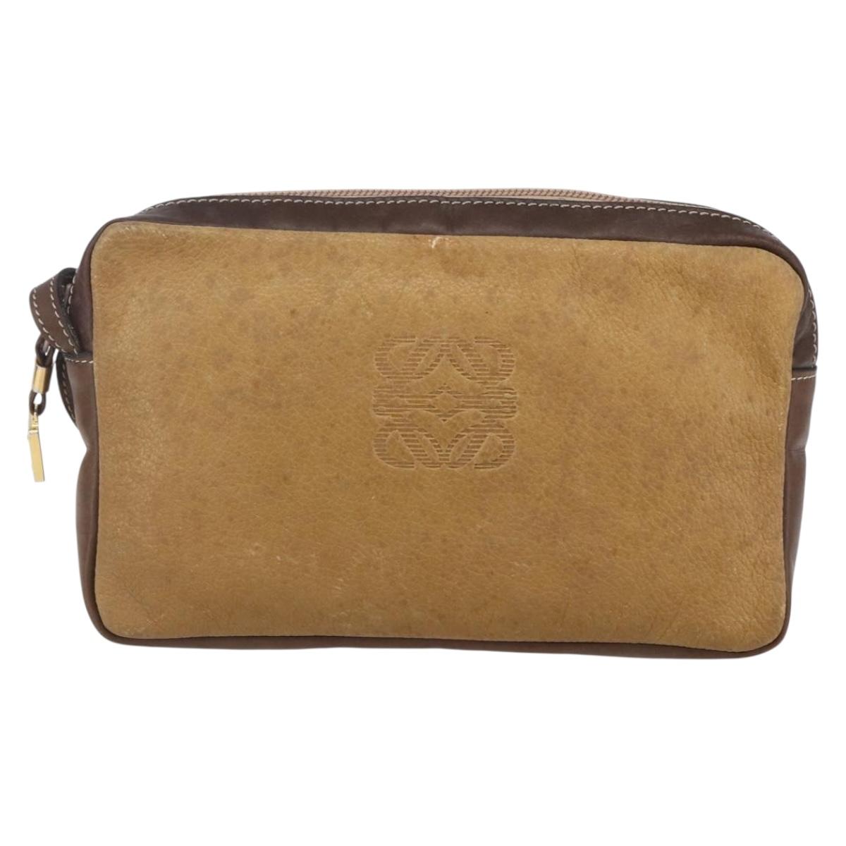 LOEWE Anagram Clutch Bag Leather Brown Gold Auth bs30839