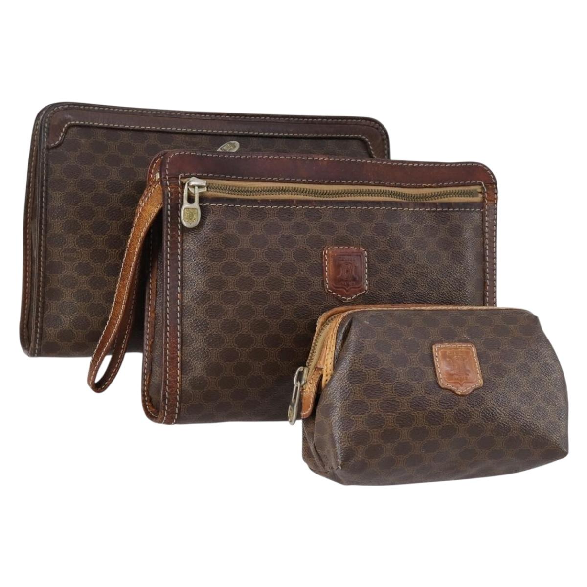 CELINE Macadam Canvas Clutch Bag PVC Leather 3 Set Brown Auth bs30854
